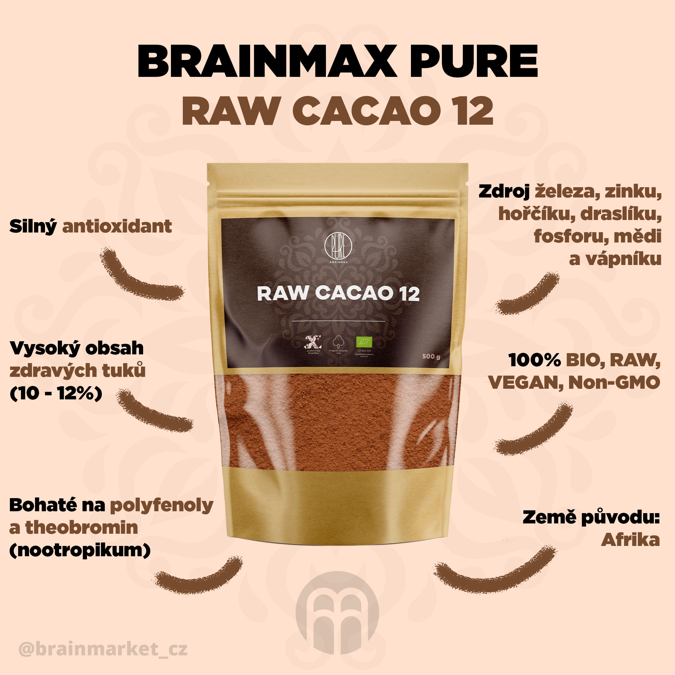 brainmax pure cacao raw 12 500g infografika brainmarket CZ